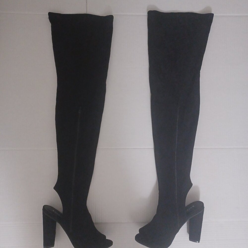 NWOT BAMBOO PEEP TOE OPEN HEEL KNEE HIGH BOOTS BLACK SIZE 8.5